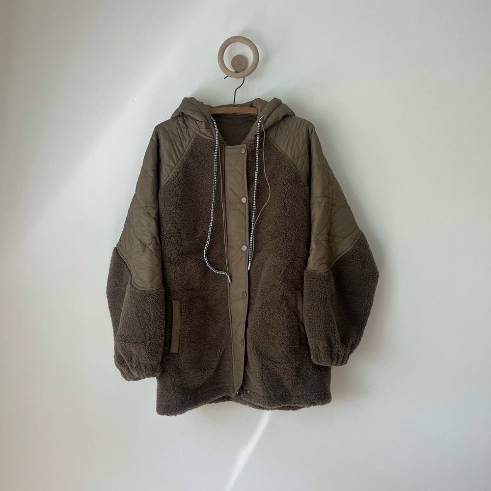 Gentle Herd Hooded Patchwork Drawstring Jacket - Gloaming Green, L